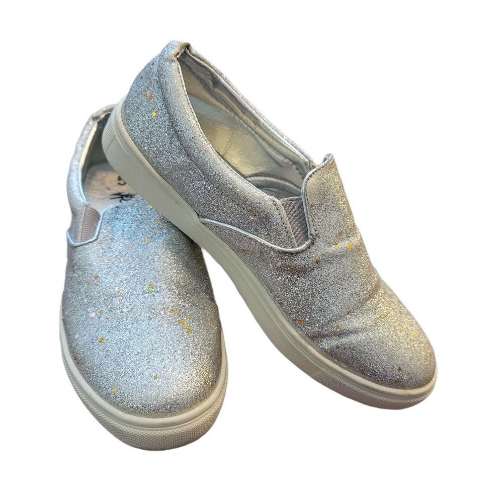 Silver Metallic Sneakers Slip-on Gold Star Design by Stevies Girls Size 5 LH8072